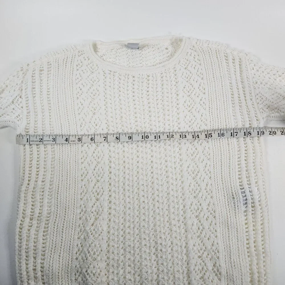 Chico’s Open Stitch Pullover White Sweater Sz SP Long Sleeve Lightweight Crochet